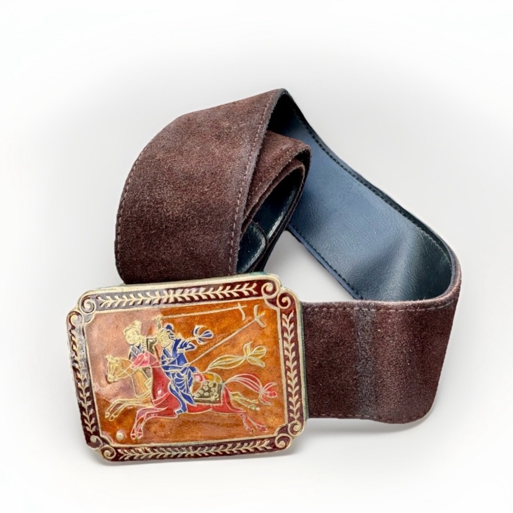 Vtg 70s Golden Hands Suede Belt Samurai Warrior Enamel Buckle Sz M 32-34 Unisex